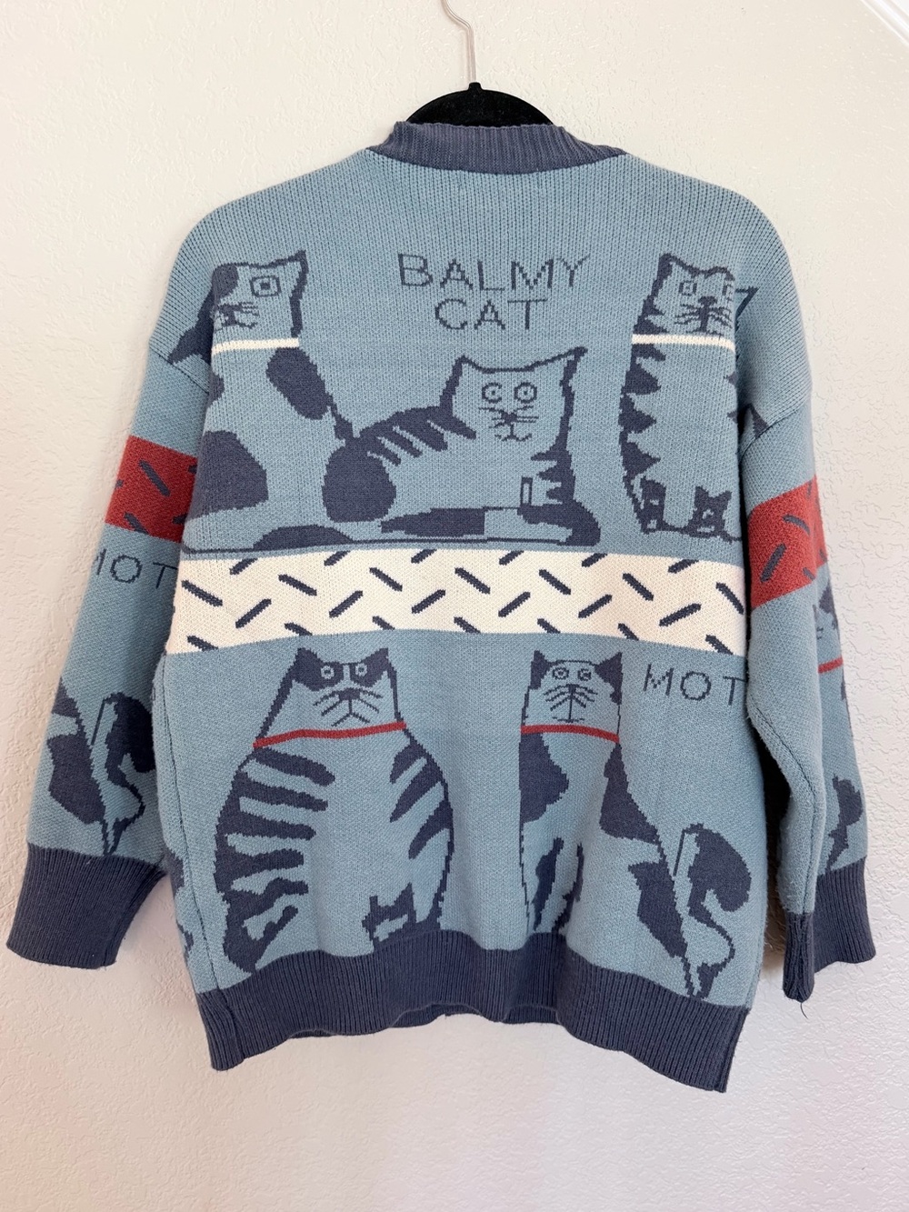 Alicedudu Balmy Cat Oversized Cardigan Sweater Size L Blue Cat Print Colorblock - Picture 7 of 8